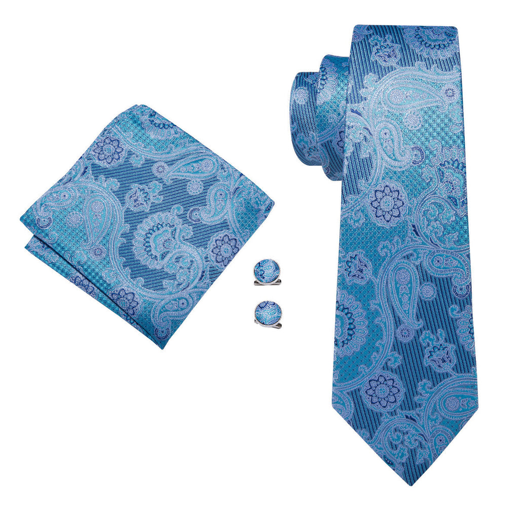 Light Blue Jacquard Paisley Silk Tie Set - GentCrest - View 3