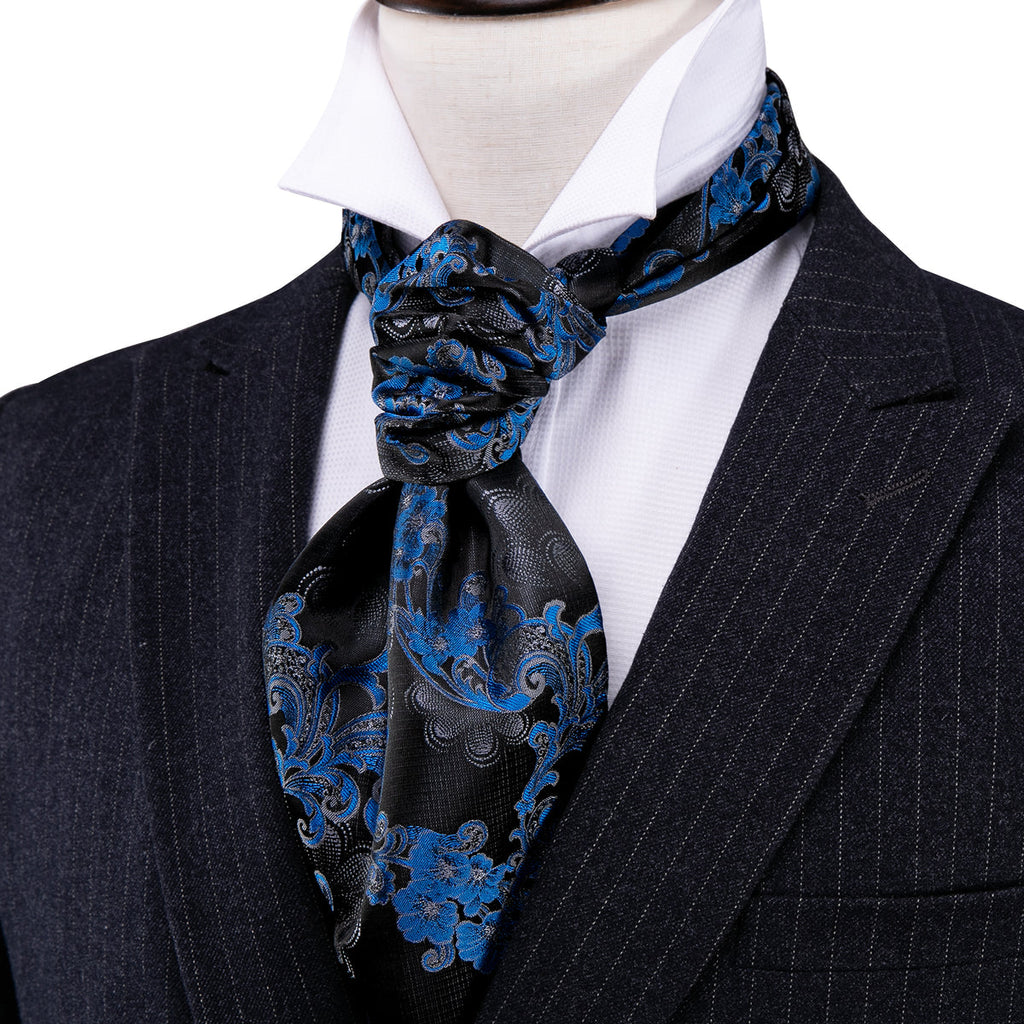 Black Blue Floral Ascot Set - GentCrest