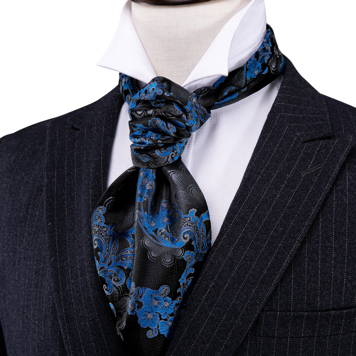 Black Blue Floral Ascot Set - GentCrest