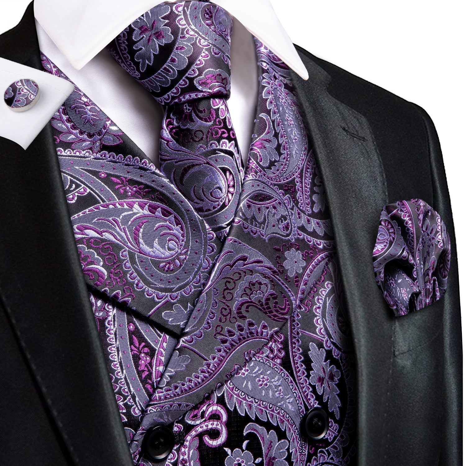 Purple and Black Paisley Vest Set - GentCrest