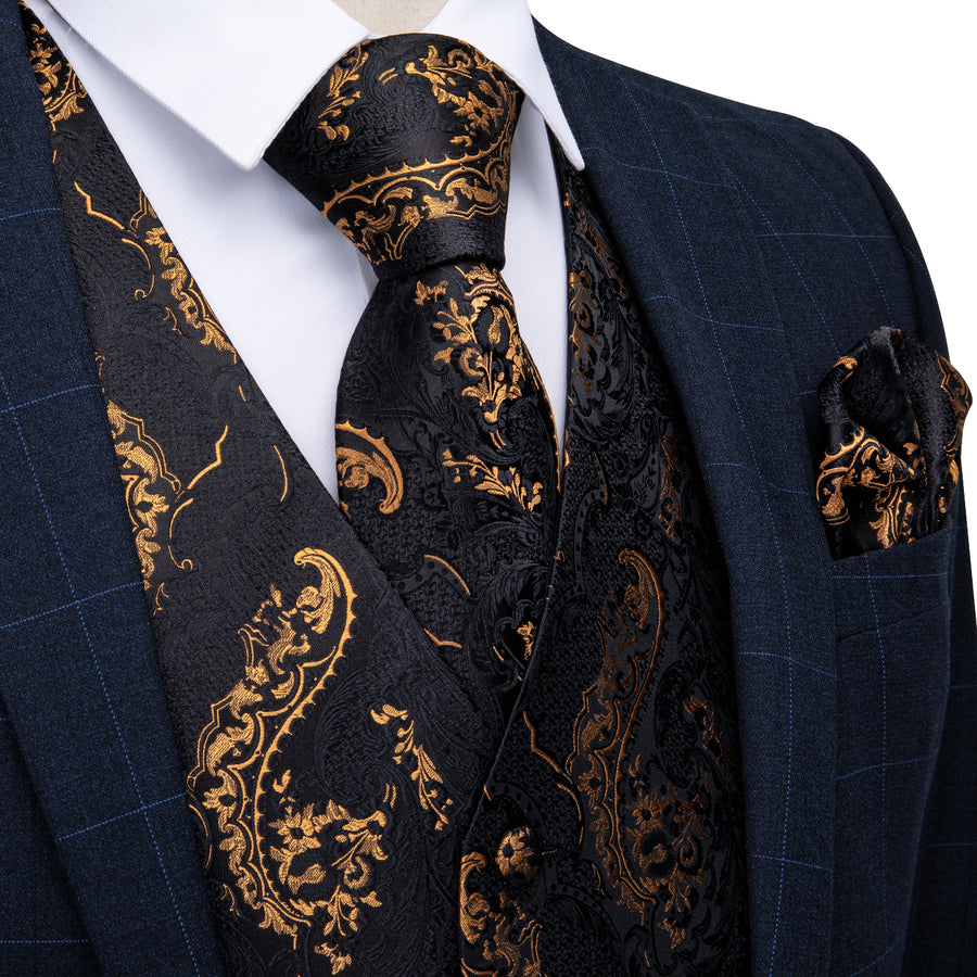 Black and Gold Floral Vest Set - GentCrest