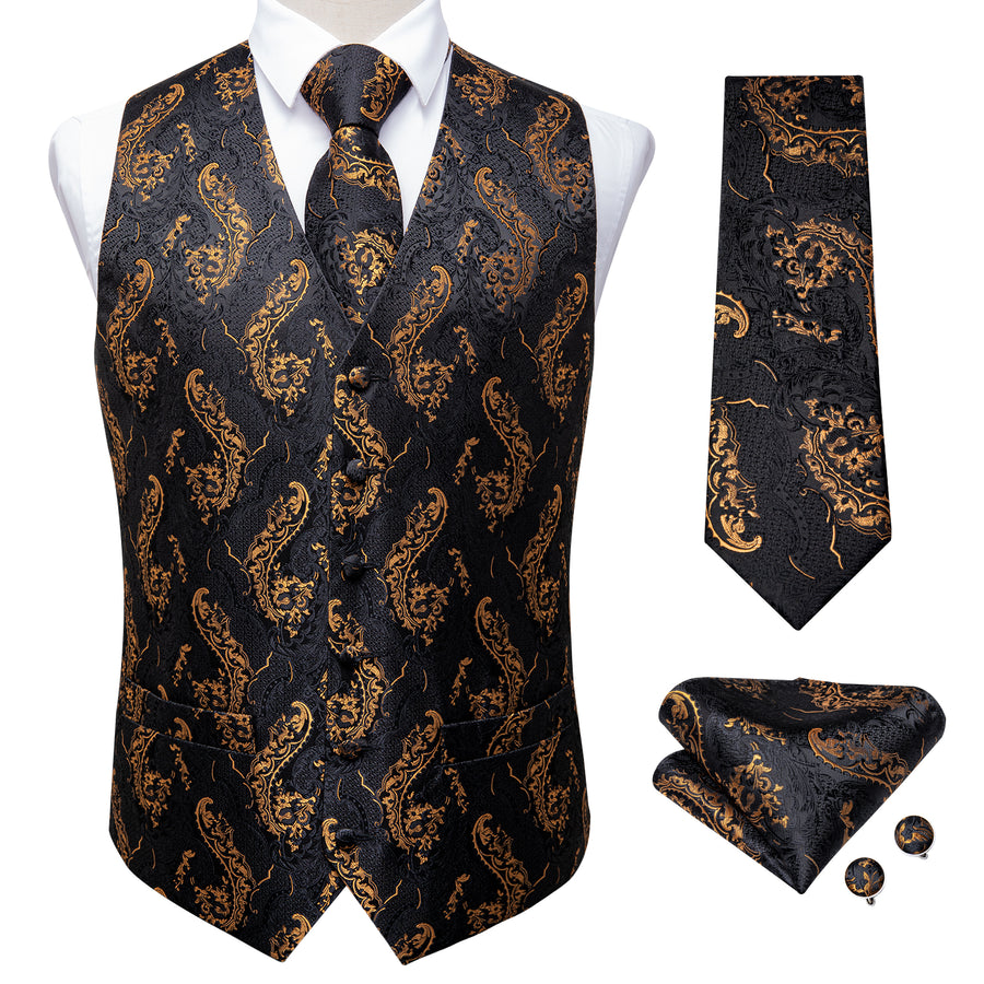 Black and Gold Floral Vest Set - GentCrest - View 4