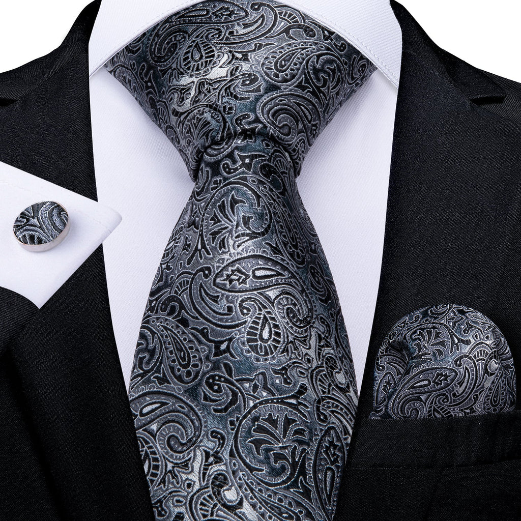 GentCrest Black Paisley Tie Hanky Cufflinks Set - Image 1
