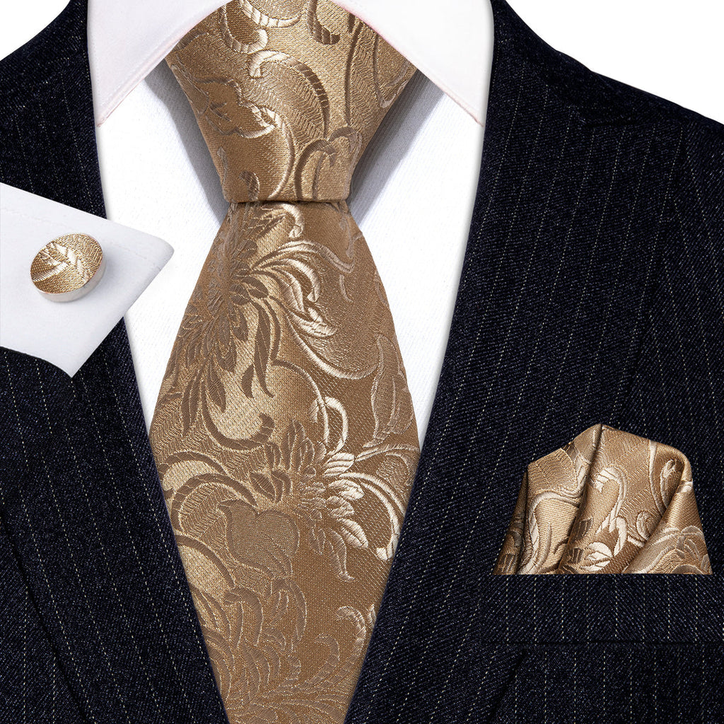 Champagne Gold Floral Silk Tie Set - GentCrest