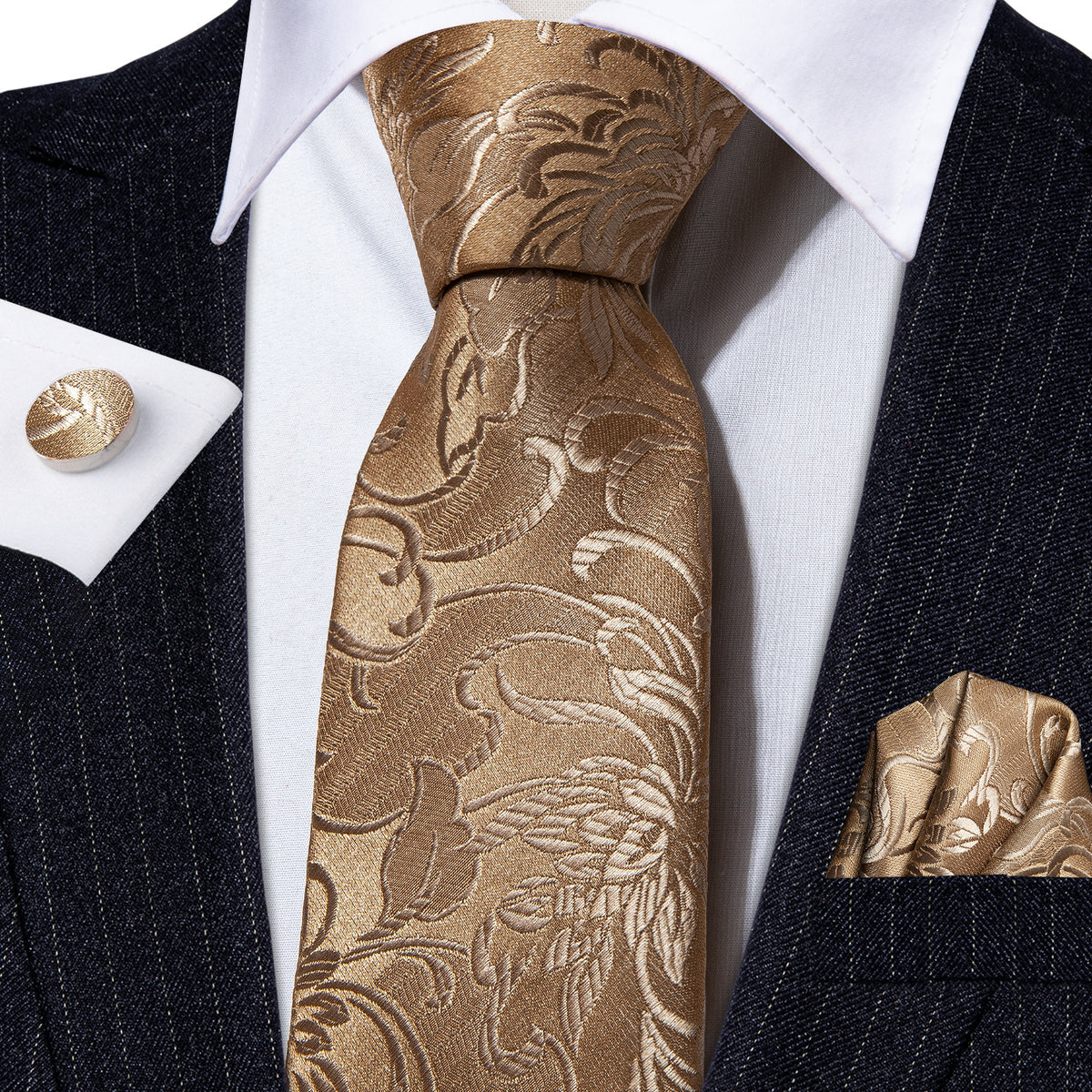 Champagne Gold Floral Silk Tie Set - GentCrest - View 2