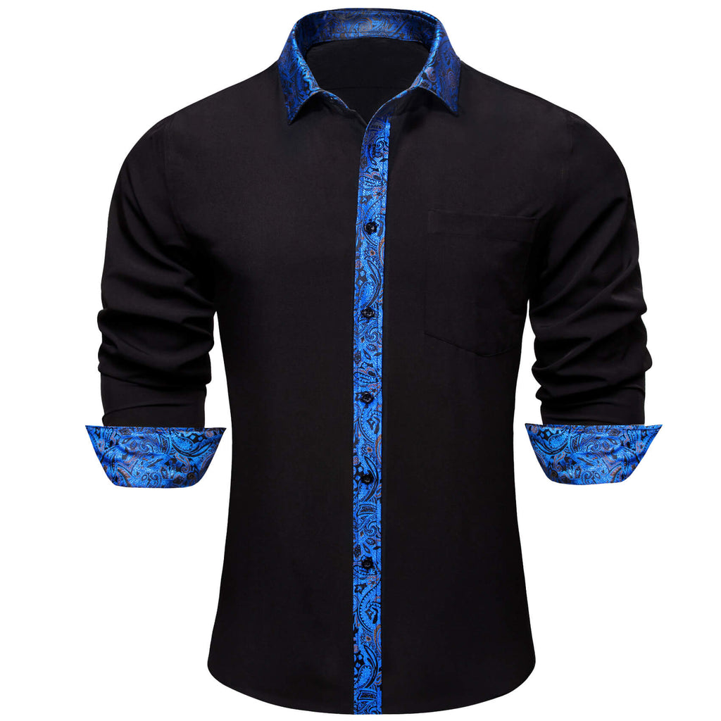 GentCrest Black Blue Slim Fit Splicing Shirt Mens Long Sleeve Button Down Casual Shirt