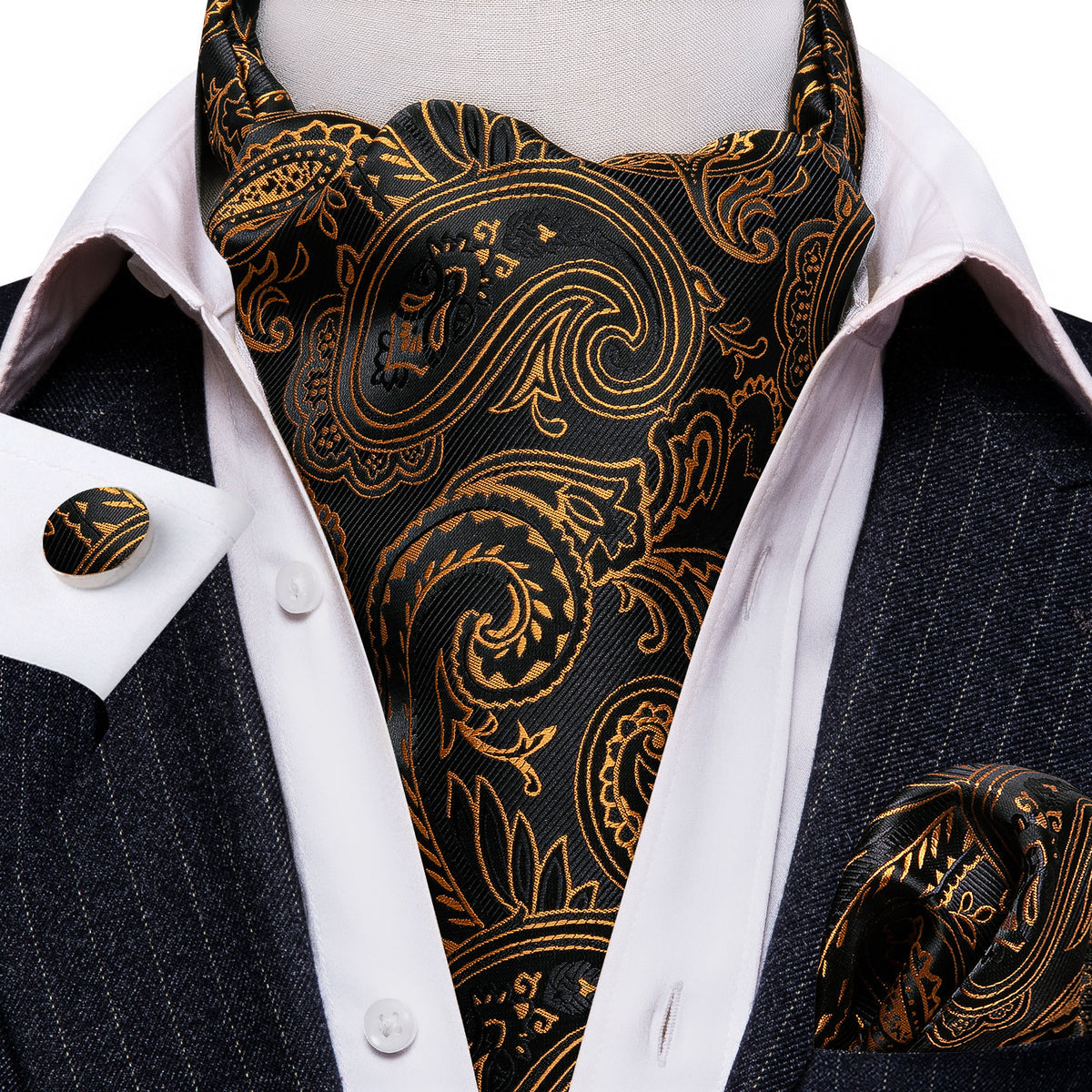 Black Golden Paisley Ascot Set - GentCrest - View 7