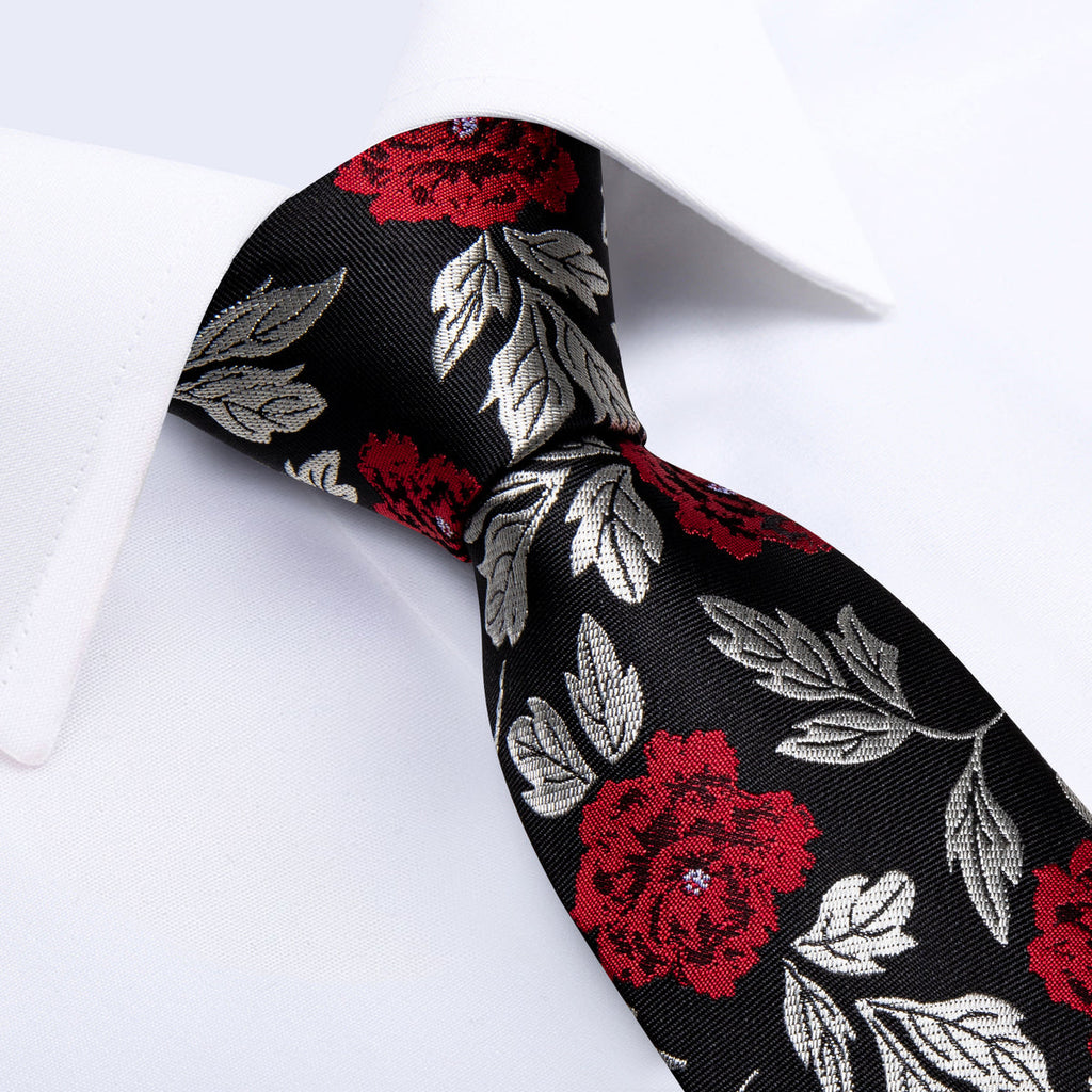 Silver, Red and Black Floral Silk Tie Set - GentCrest - View 2