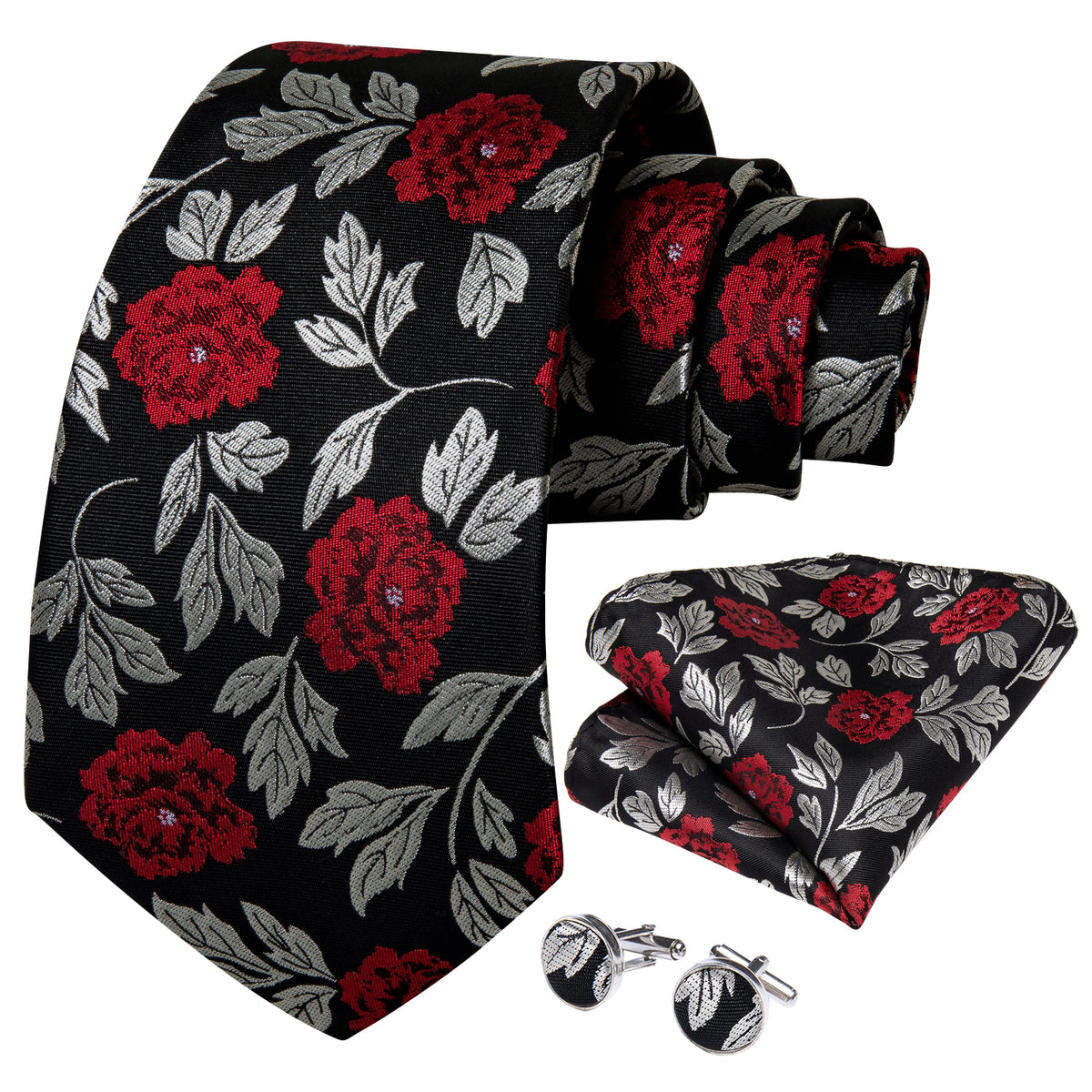 Silver, Red and Black Floral Silk Tie Set - GentCrest - View 3