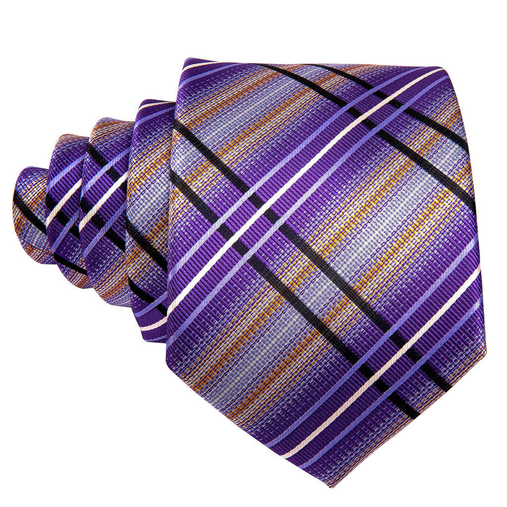 Purple Beige Striped Silk Tie Set - GentCrest - View 4