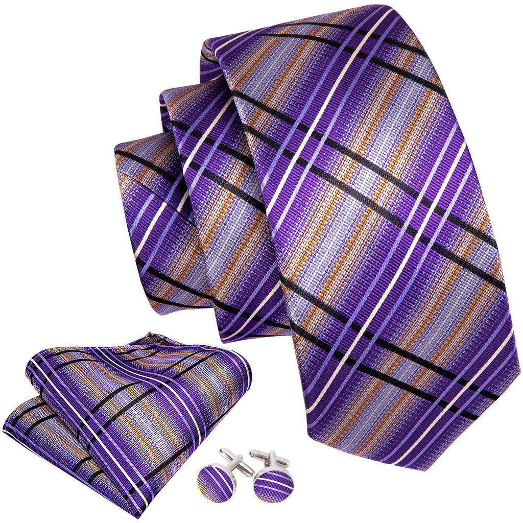 Purple Beige Striped Silk Tie Set - GentCrest - View 3