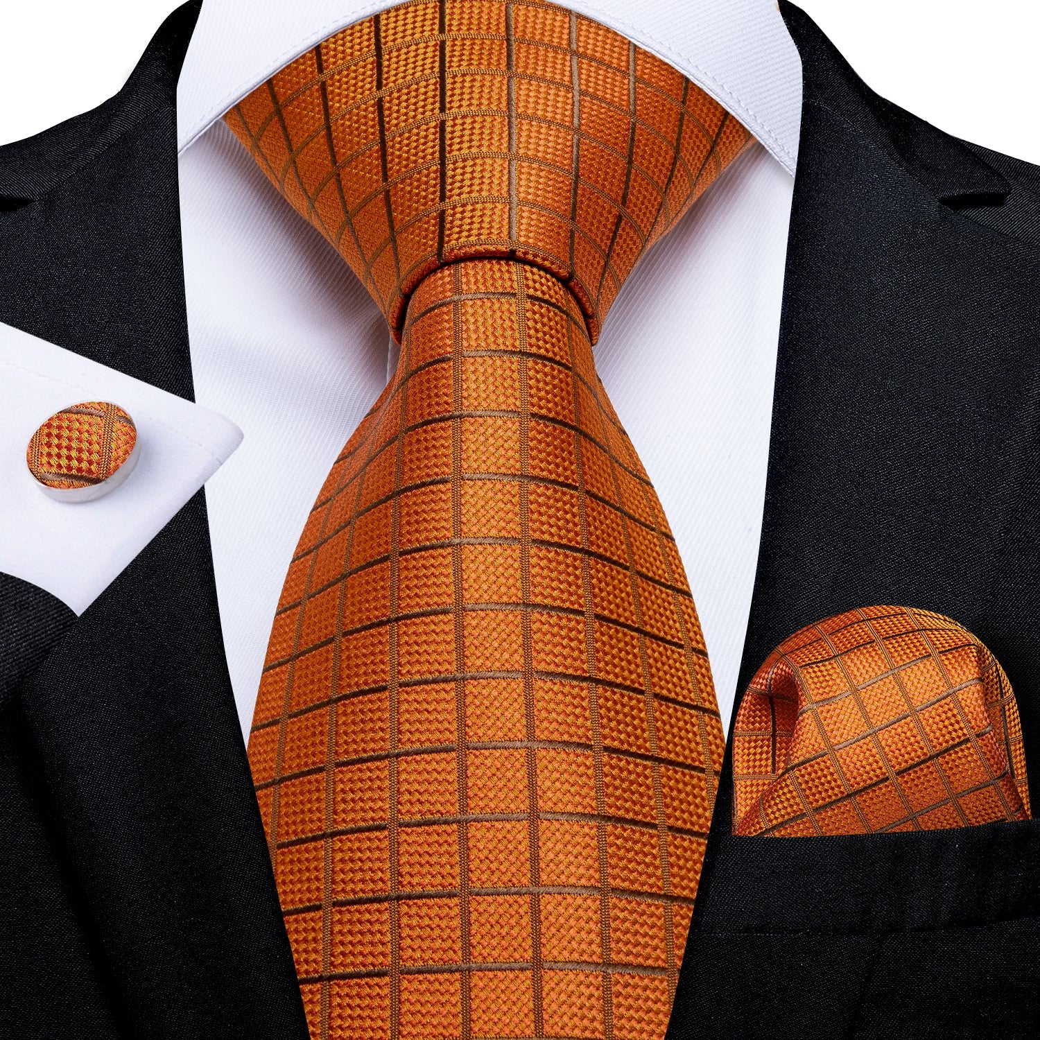 GentCrest Orange Plaid Tie Hanky Cufflinks Set - Image 1