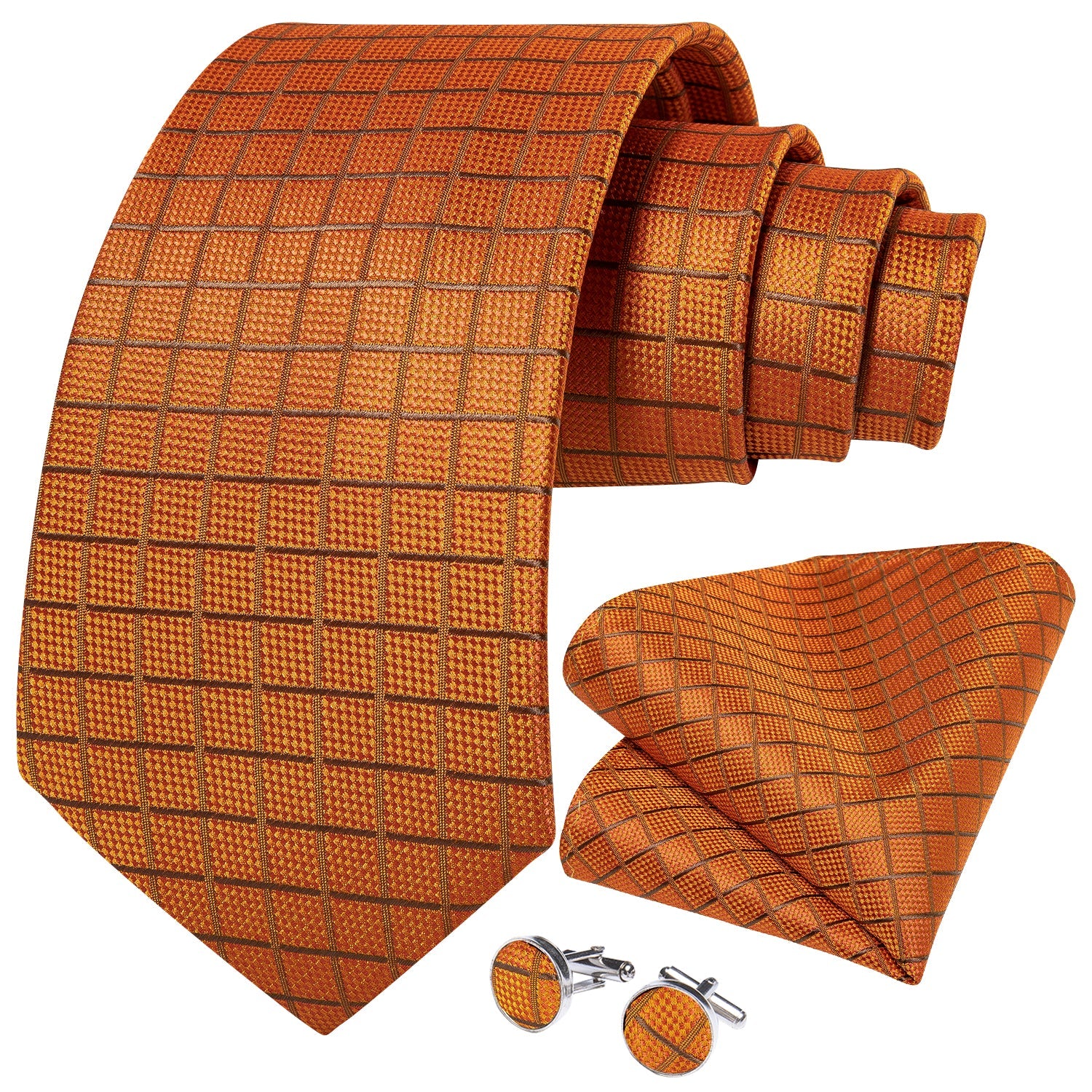 GentCrest Orange Plaid Tie Hanky Cufflinks Set - Image 2