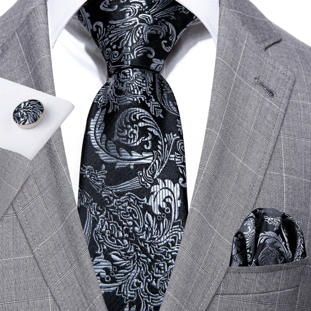 Black Gray Floral Silk Tie Set - GentCrest - View 2