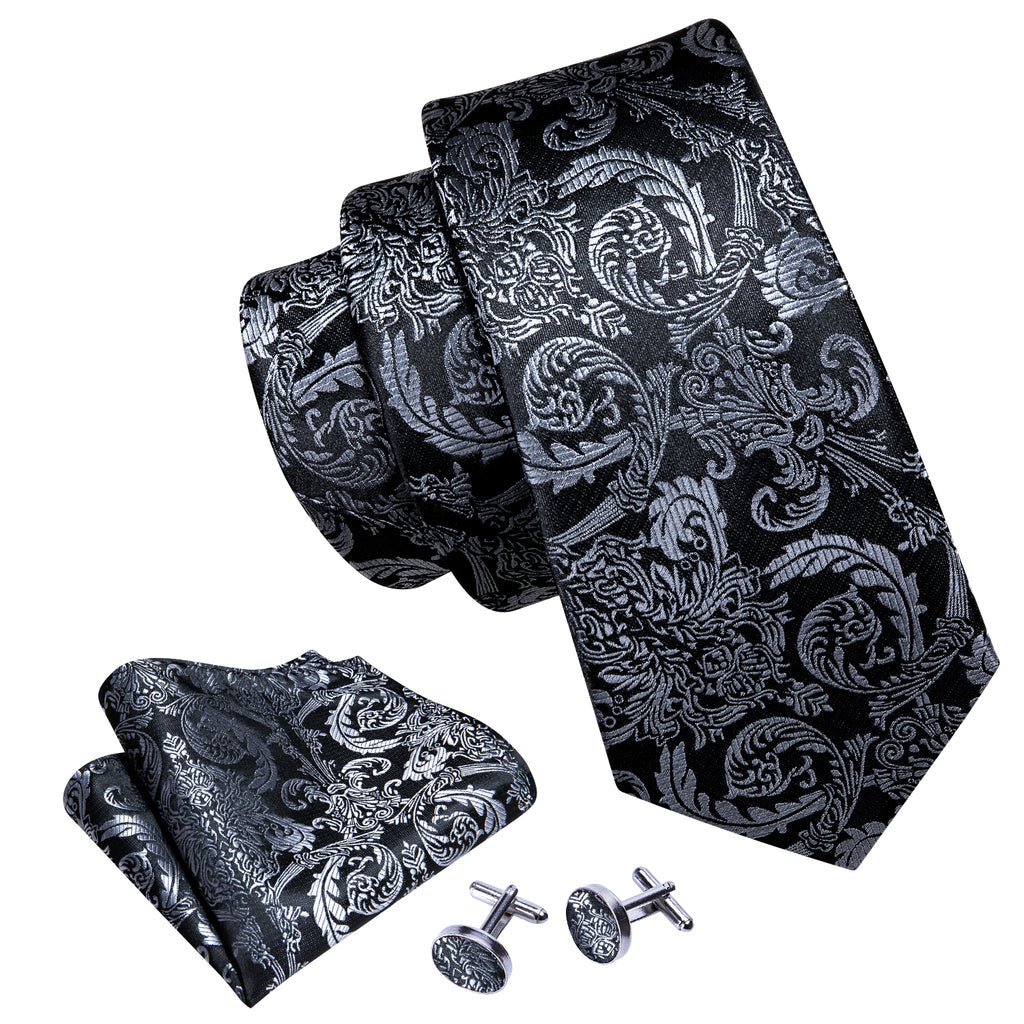 Black Gray Floral Silk Tie Set - GentCrest - View 4