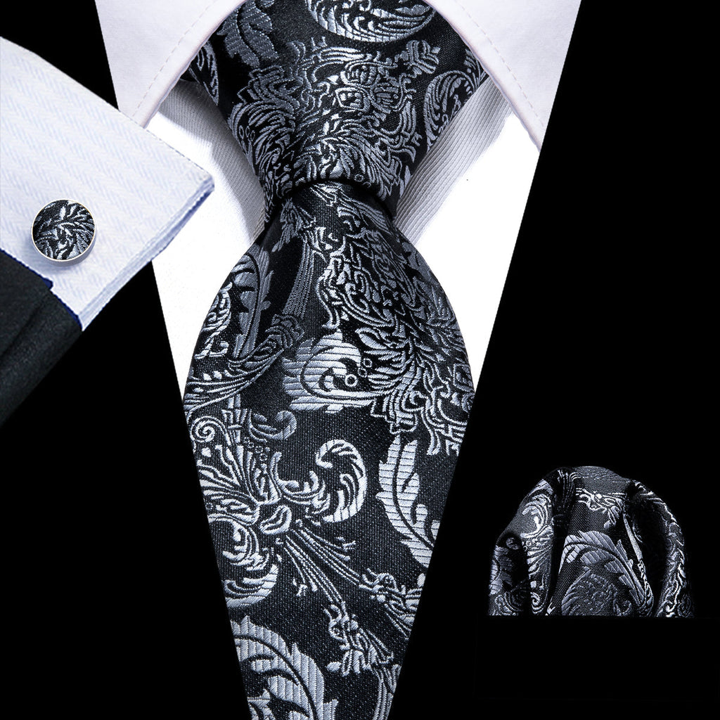 Black Gray Floral Silk Tie Set - GentCrest