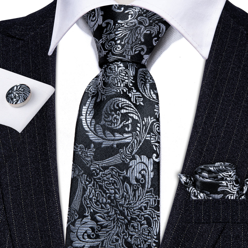 Black Gray Floral Silk Tie Set - GentCrest - View 3