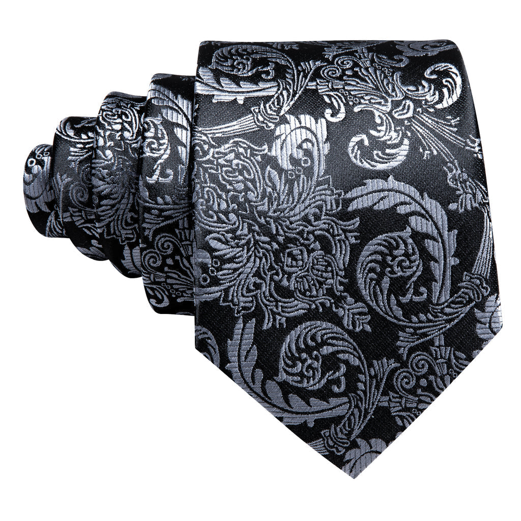Black Gray Floral Silk Tie Set - GentCrest - View 5
