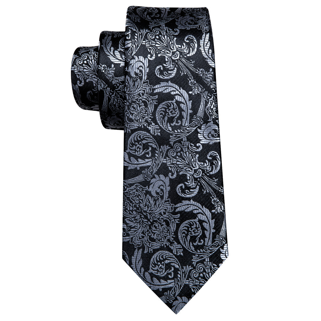 Black Gray Floral Silk Tie Set - GentCrest - View 6