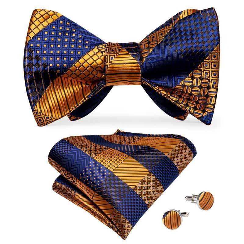 GentCrest Gold Plaid Bowtie Self-tie Blue Formal Bow Tie Handkerchief Cufflinks Set