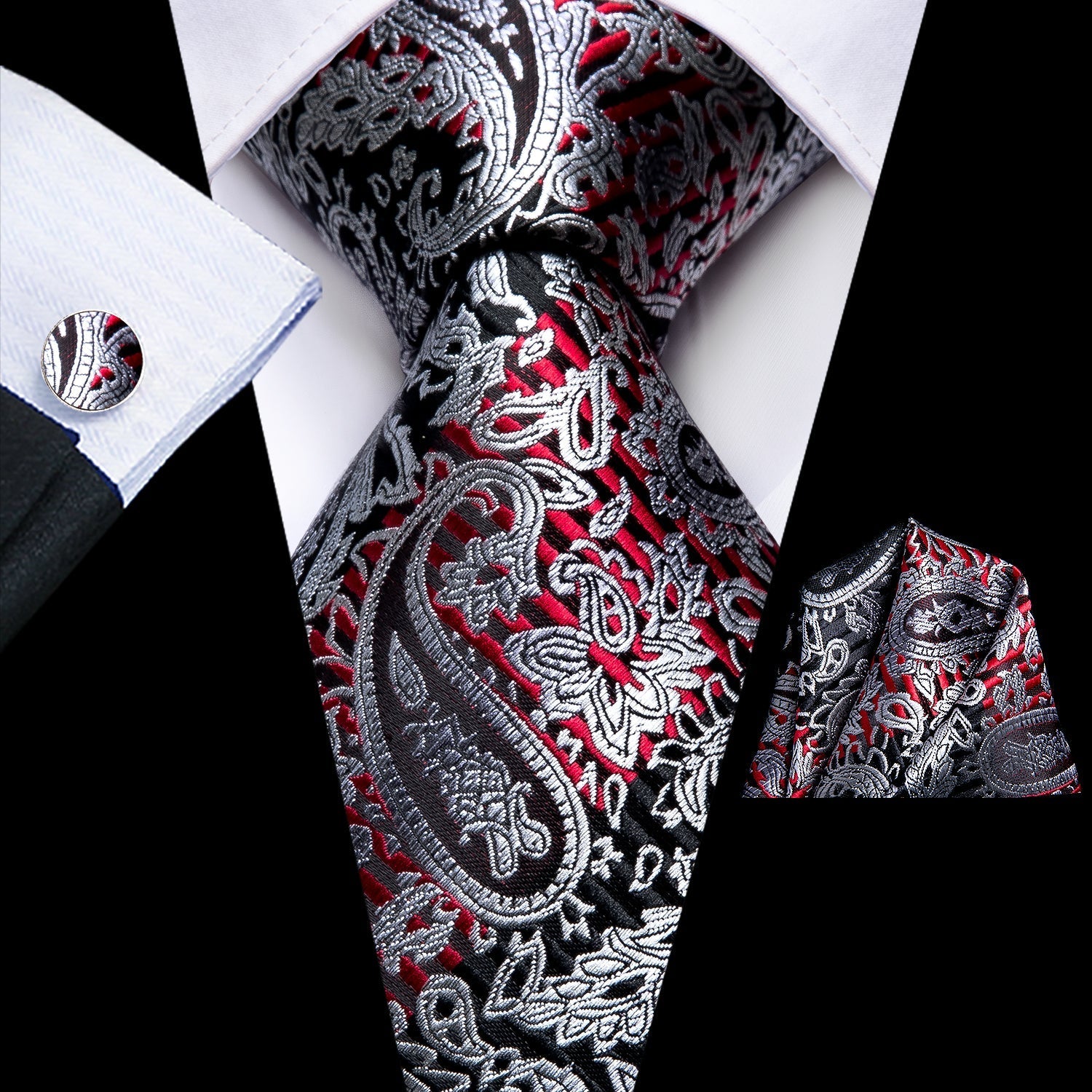 GentCrest Black Paisley Tie Hanky Cufflinks Set - Image 1