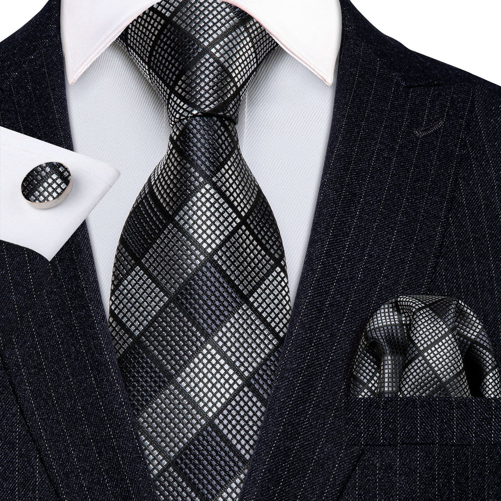 Black White Plaid Silk Tie Set - GentCrest - View 3