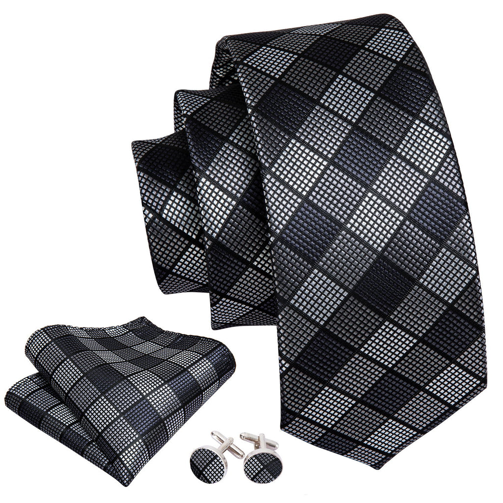 Black White Plaid Silk Tie Set - GentCrest - View 4