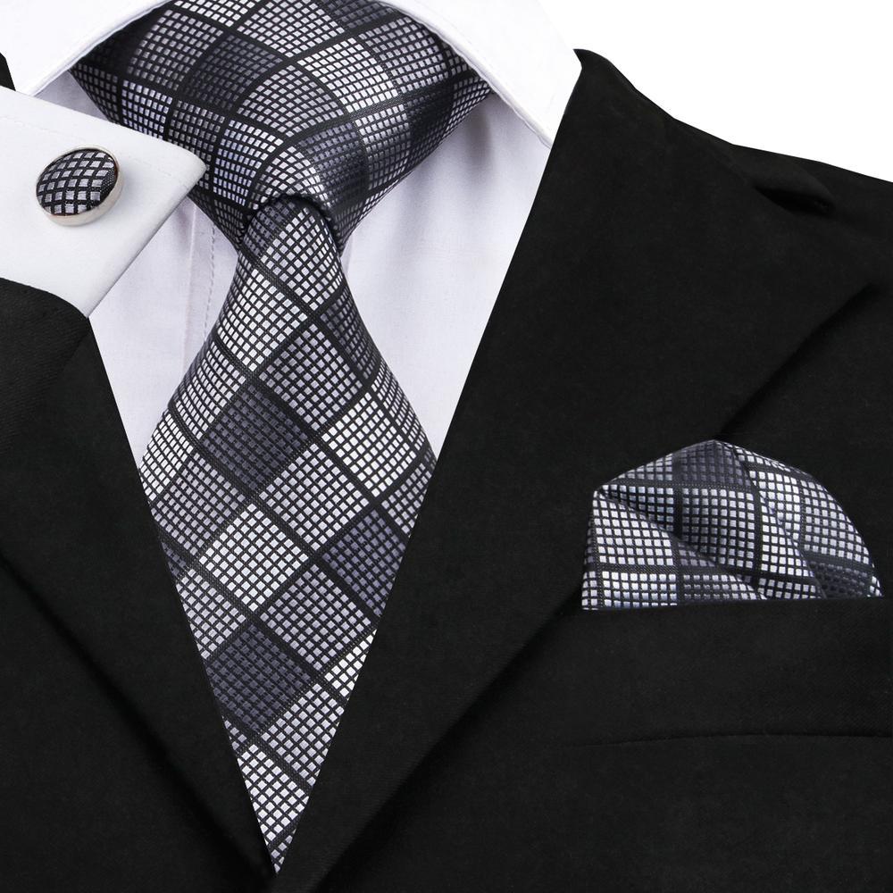 Black White Plaid Silk Tie Set - GentCrest - View 2