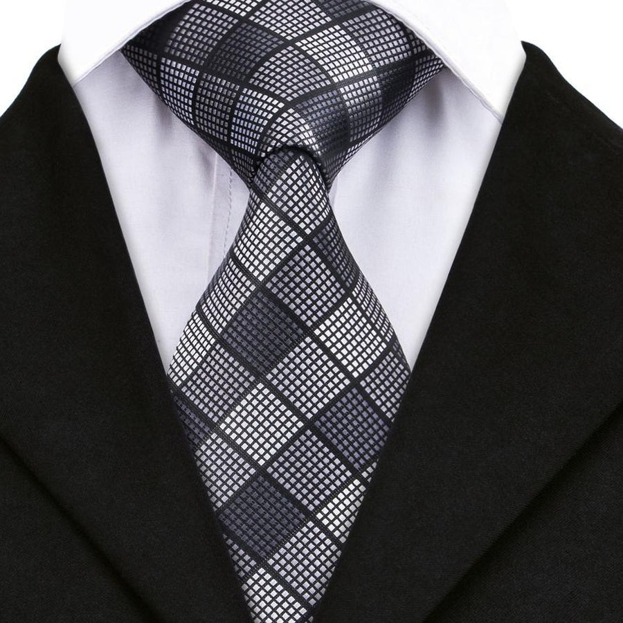 Black White Plaid Silk Tie Set - GentCrest