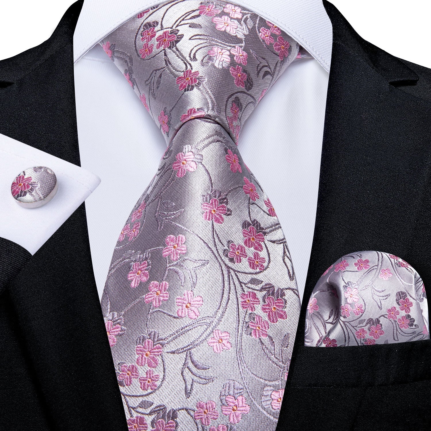 GentCrest Pink Floral Tie Hanky Cufflinks Set - Image 1