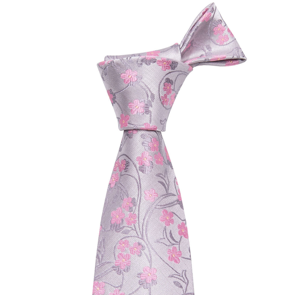 Pink and Silver Floral Silk Tie Set - GentCrest - View 2