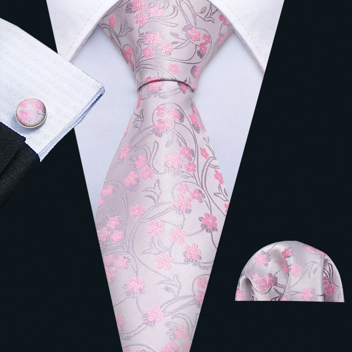 Pink and Silver Floral Silk Tie Set - GentCrest