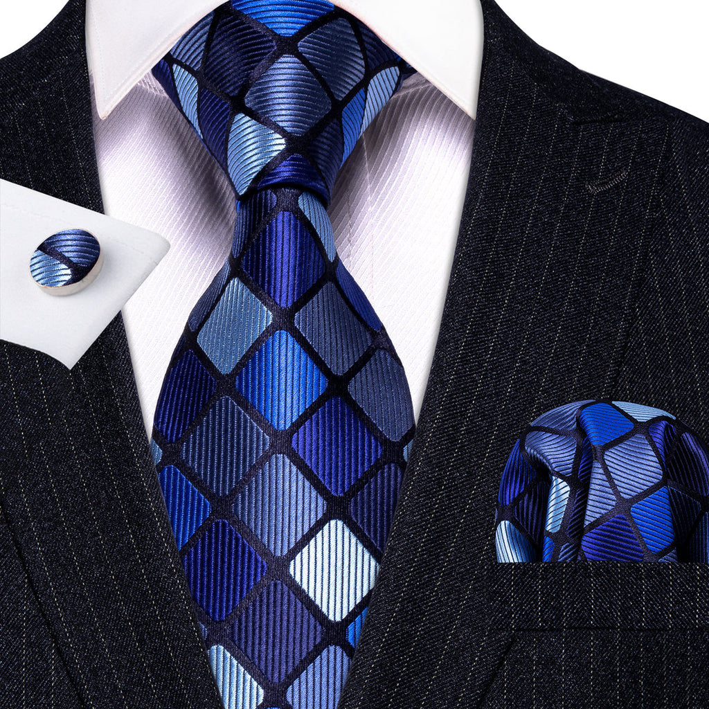 Navy Blue Plaid Silk Tie Set - GentCrest