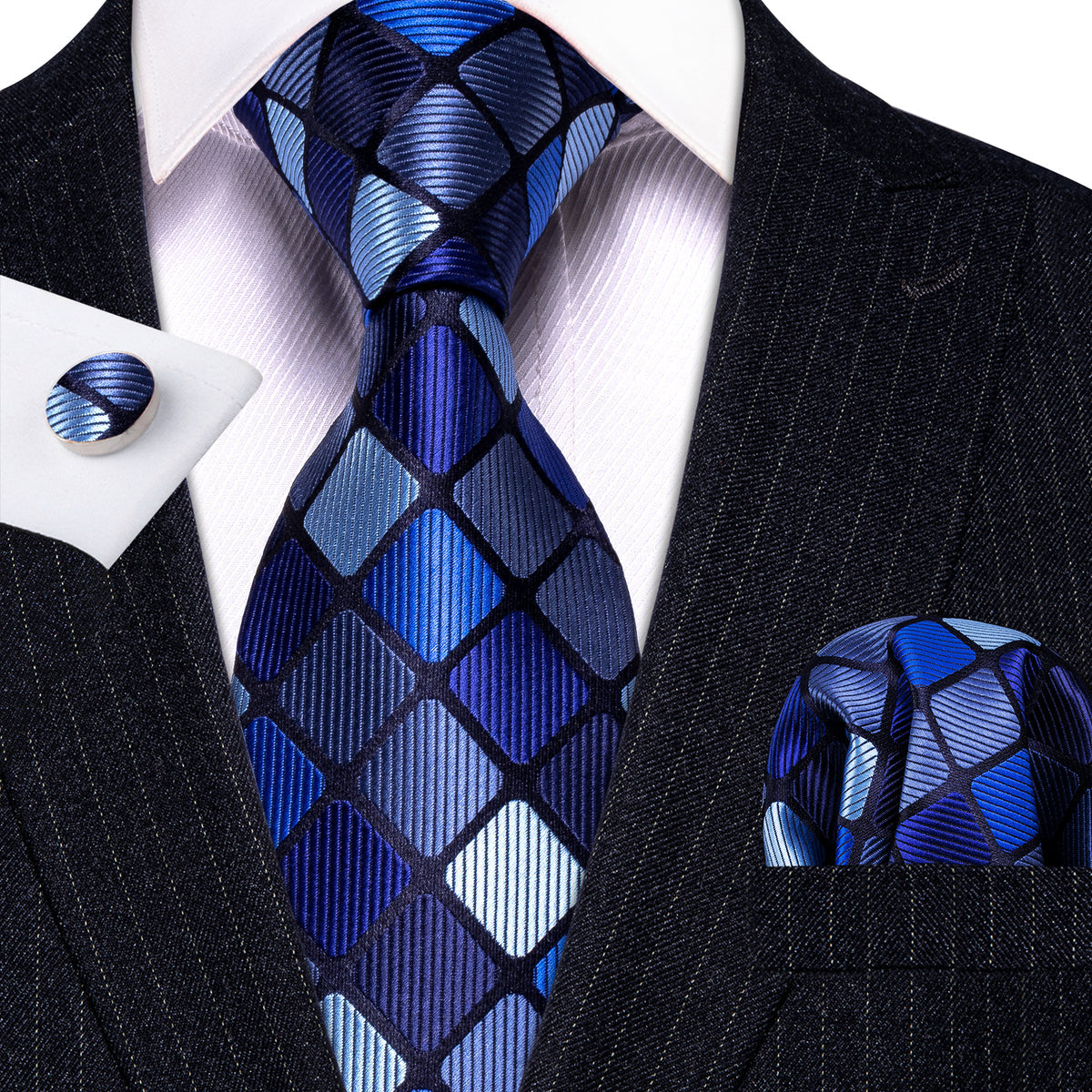 Navy Blue Plaid Silk Tie Set - GentCrest