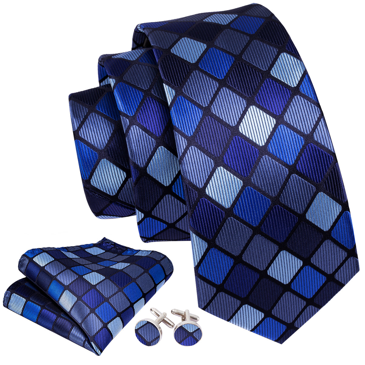 Navy Blue Plaid Silk Tie Set - GentCrest - View 3