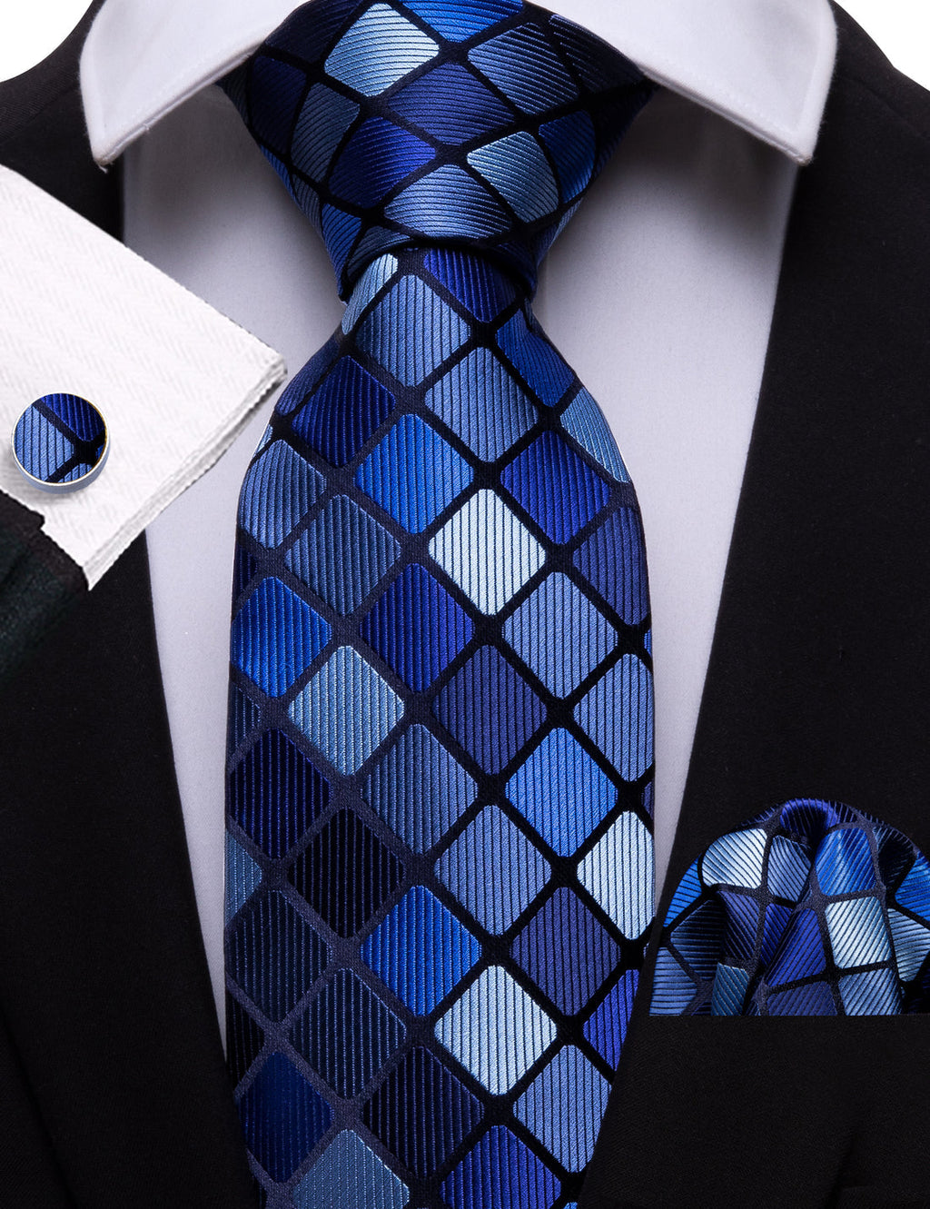 Navy Blue Plaid Silk Tie Set - GentCrest - View 2