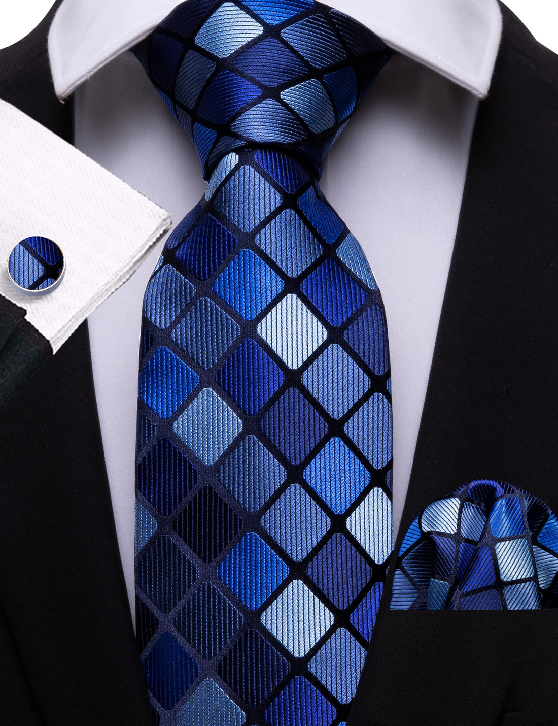Navy Blue Plaid Silk Tie Set - GentCrest - View 2