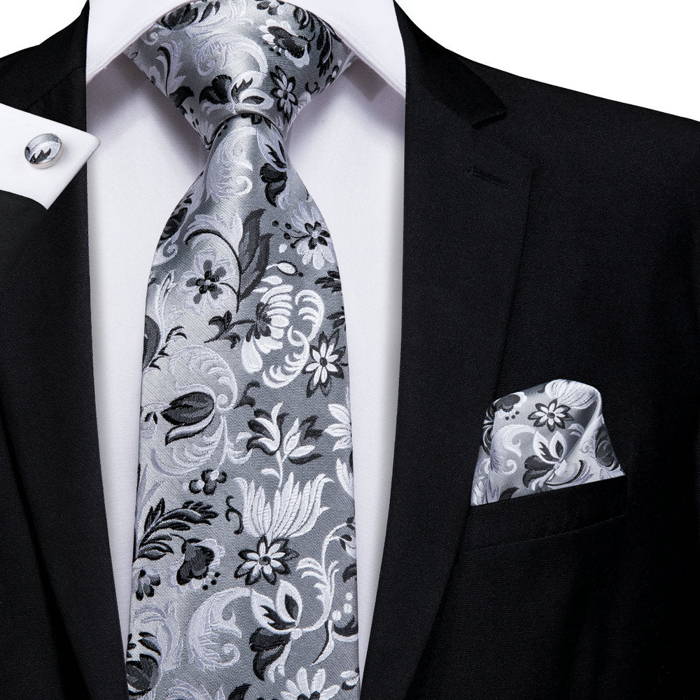 GentCrest Grey Floral Tie Hanky Cufflinks Set - Image 2