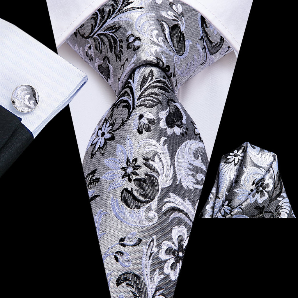 GentCrest Grey Floral Tie Hanky Cufflinks Set - Image 1