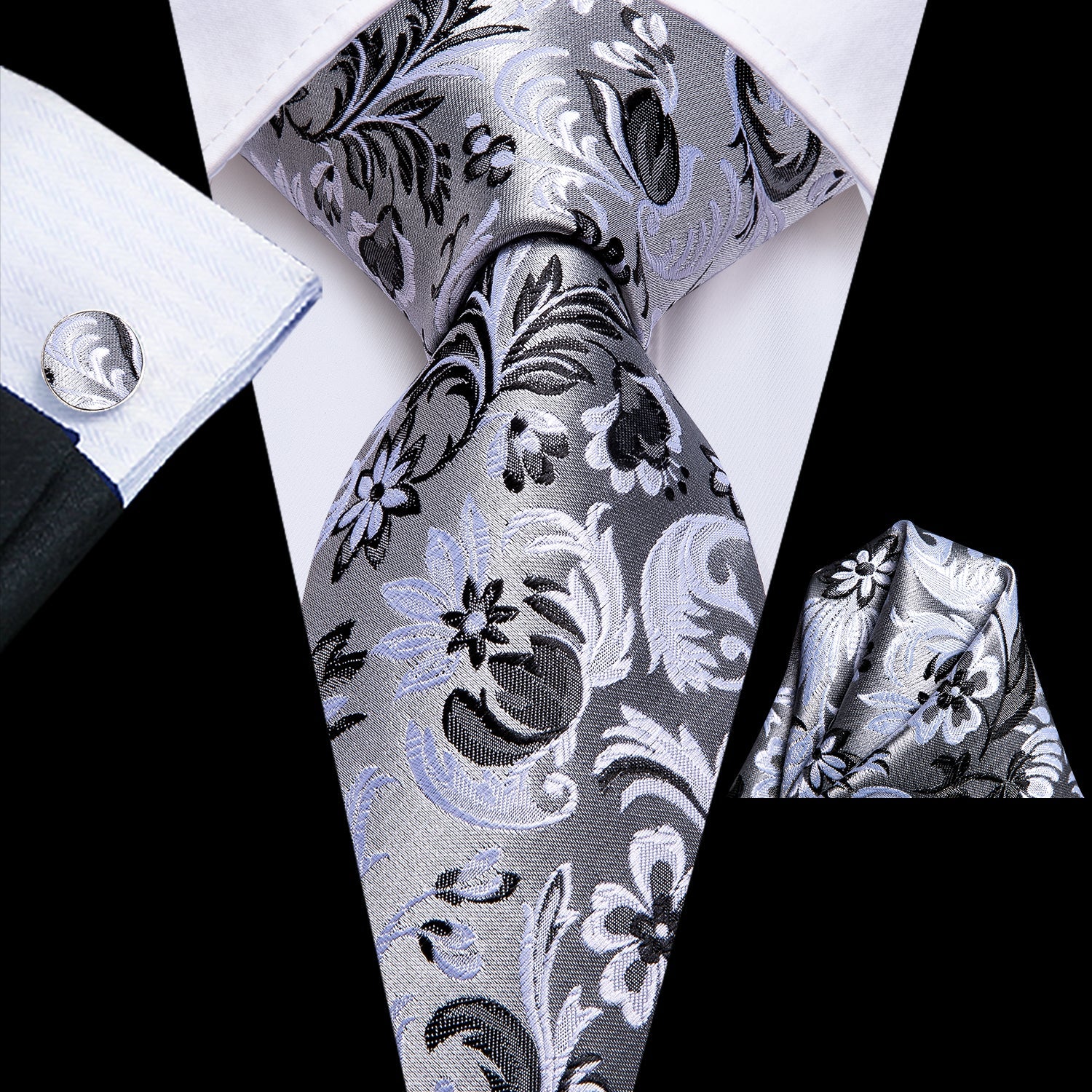 GentCrest Grey Floral Tie Hanky Cufflinks Set - Image 1