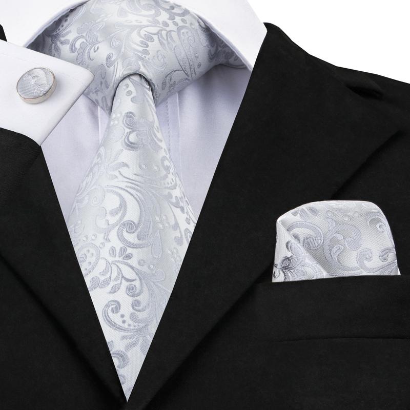 Silver Floral Silk XL Silk Tie Set - GentCrest