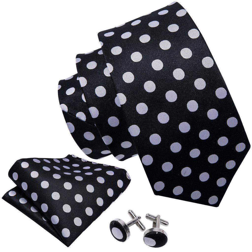 Dashing Black & Silver Polka Dot with Pocket Square and Cufflinks Silk Tie Set - GentCrest - View 4