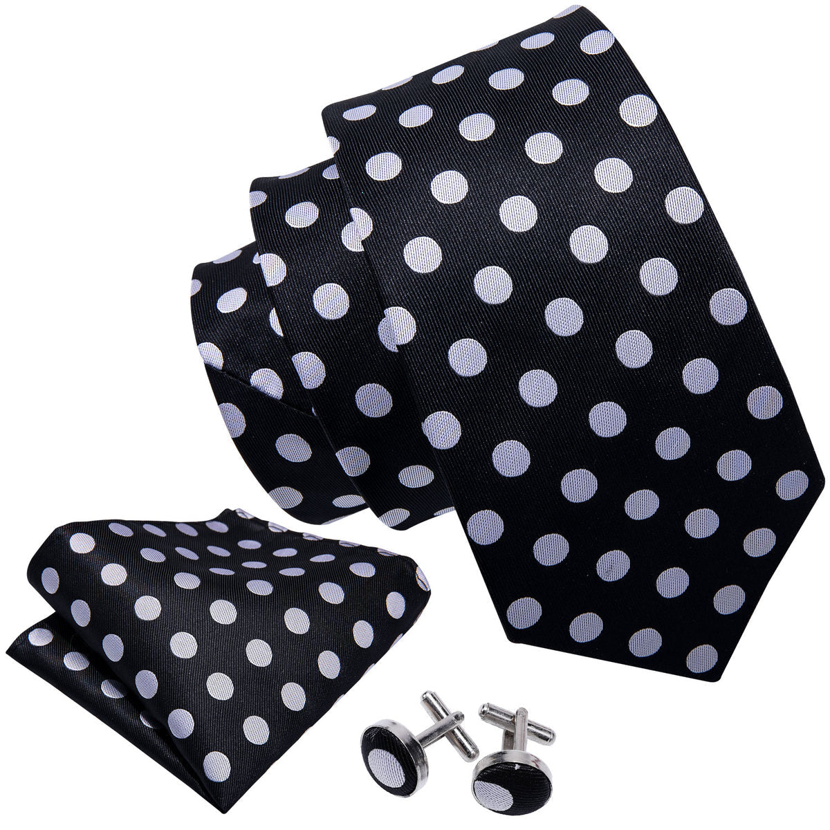 Dashing Black & Silver Polka Dot with Pocket Square and Cufflinks Silk Tie Set - GentCrest - View 4
