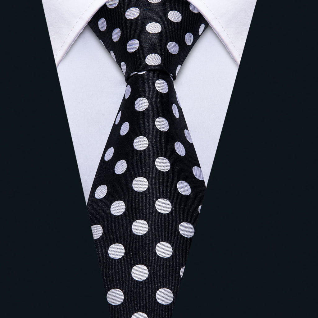 Dashing Black & Silver Polka Dot with Pocket Square and Cufflinks Silk Tie Set - GentCrest - View 5