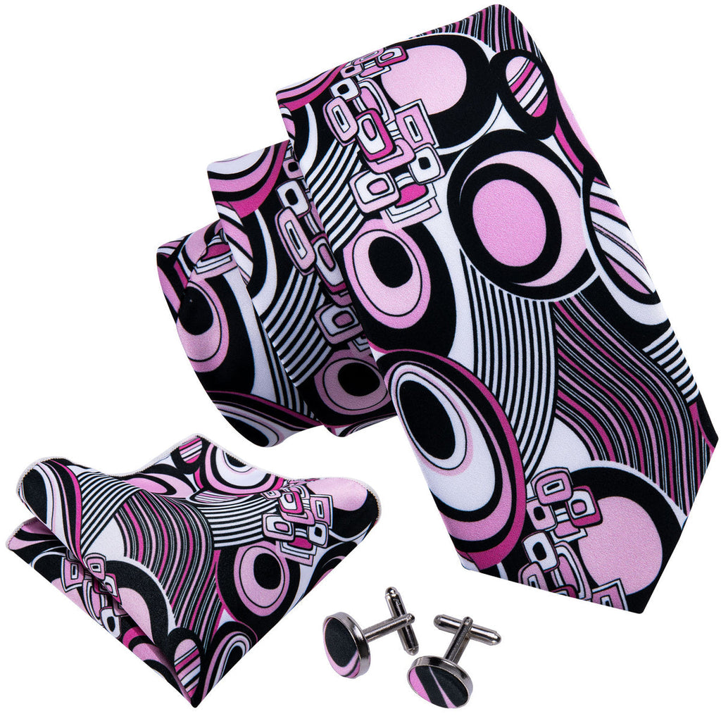 Bold Black and Pink Designer Silk with Pocket Square and Cufflinks Silk Tie Set - GentCrest - View 2