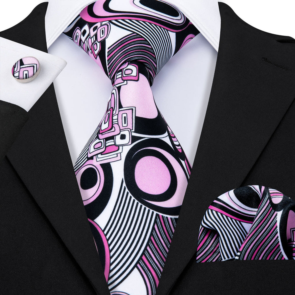 Bold Black and Pink Designer Silk with Pocket Square and Cufflinks Silk Tie Set - GentCrest