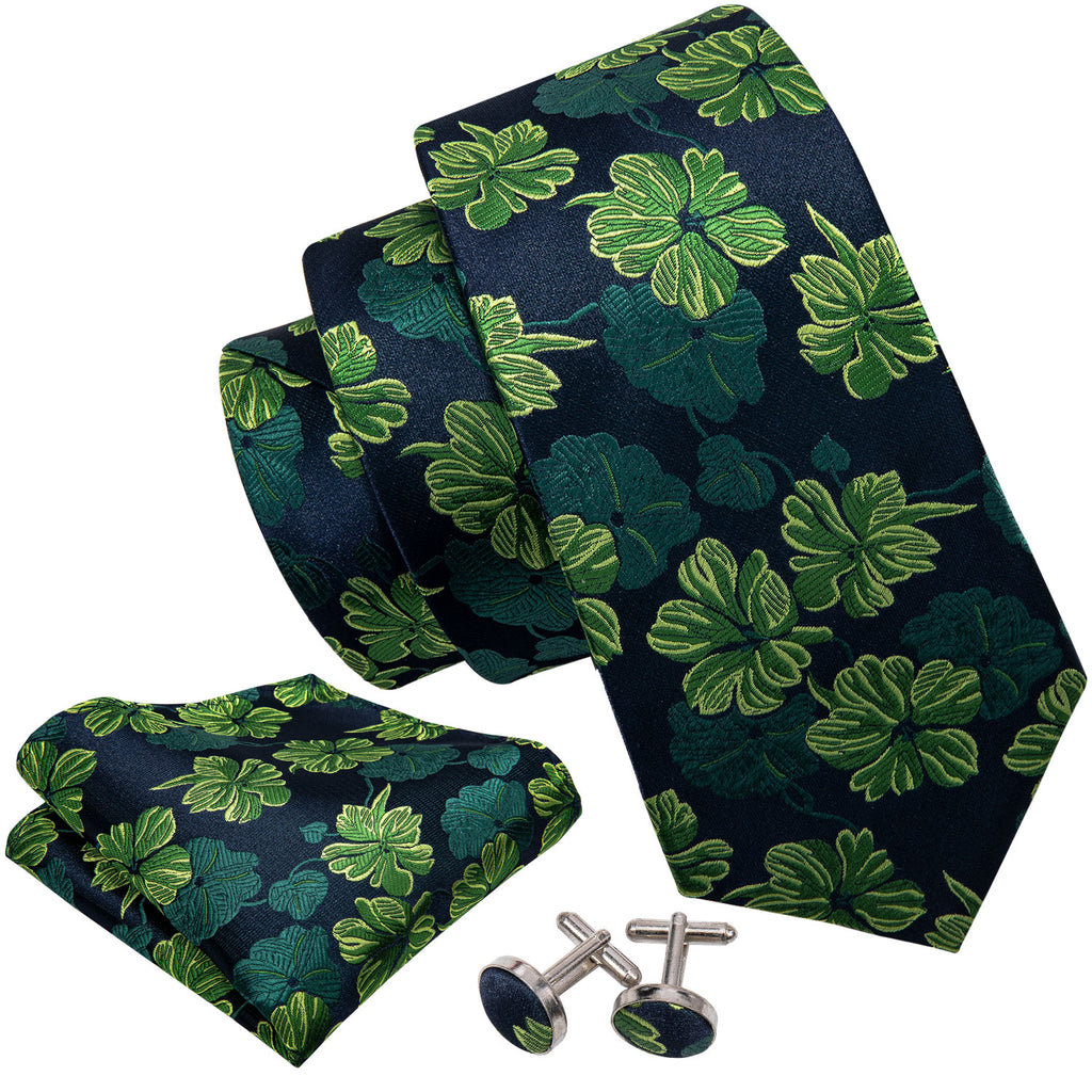 Green Jacquard Floral Silk Tie Set - GentCrest - View 3