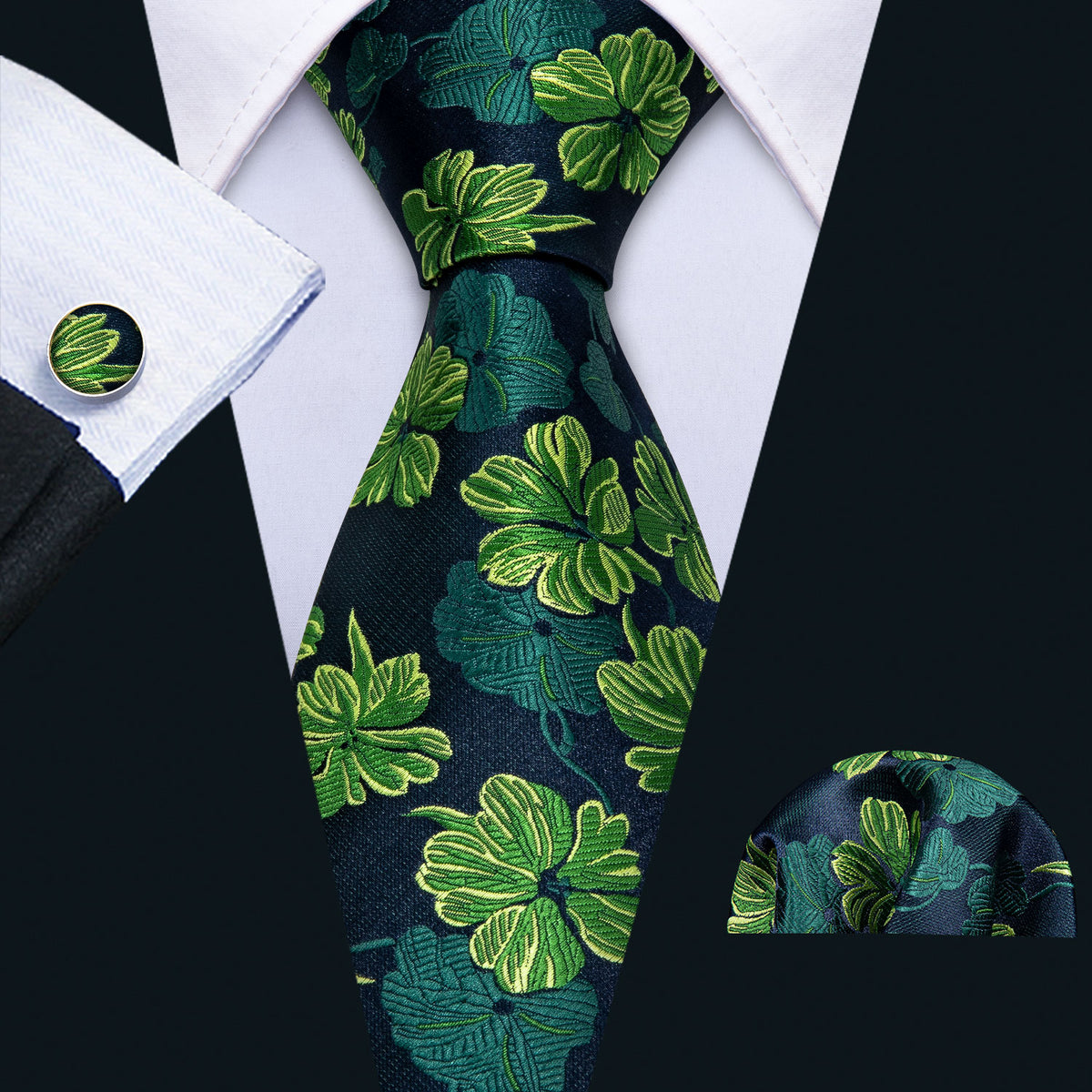 Green Jacquard Floral Silk Tie Set - GentCrest