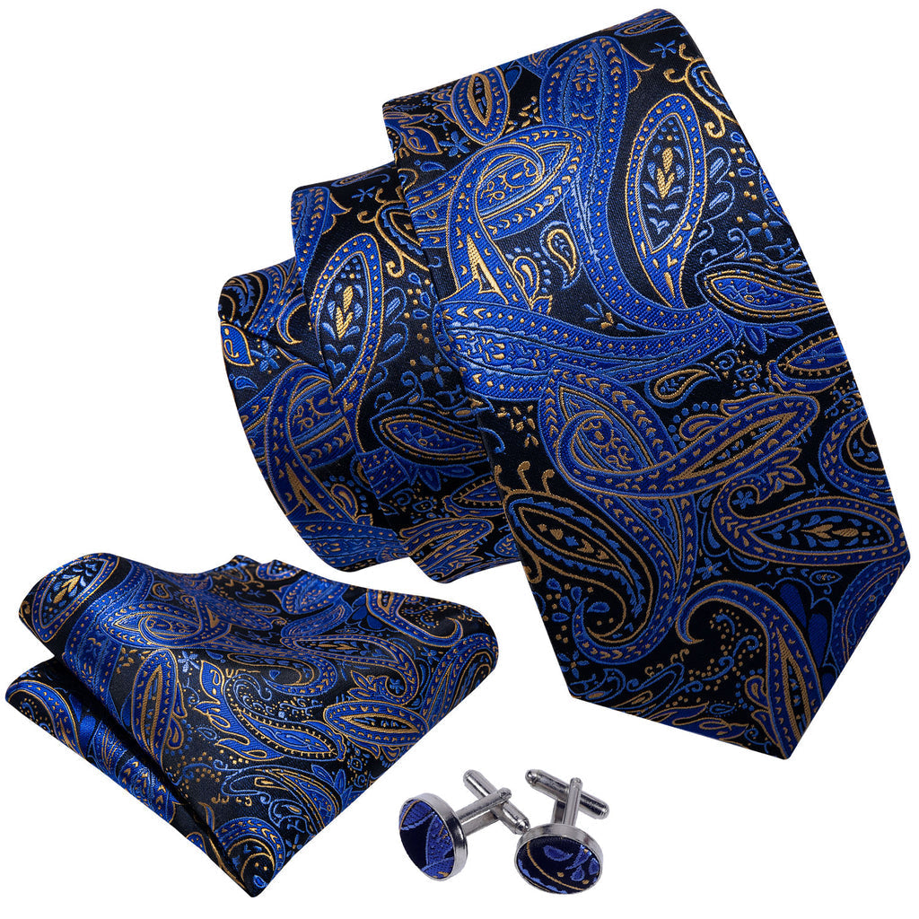 Blue Yellow Paisley Silk Tie Set - GentCrest - View 3