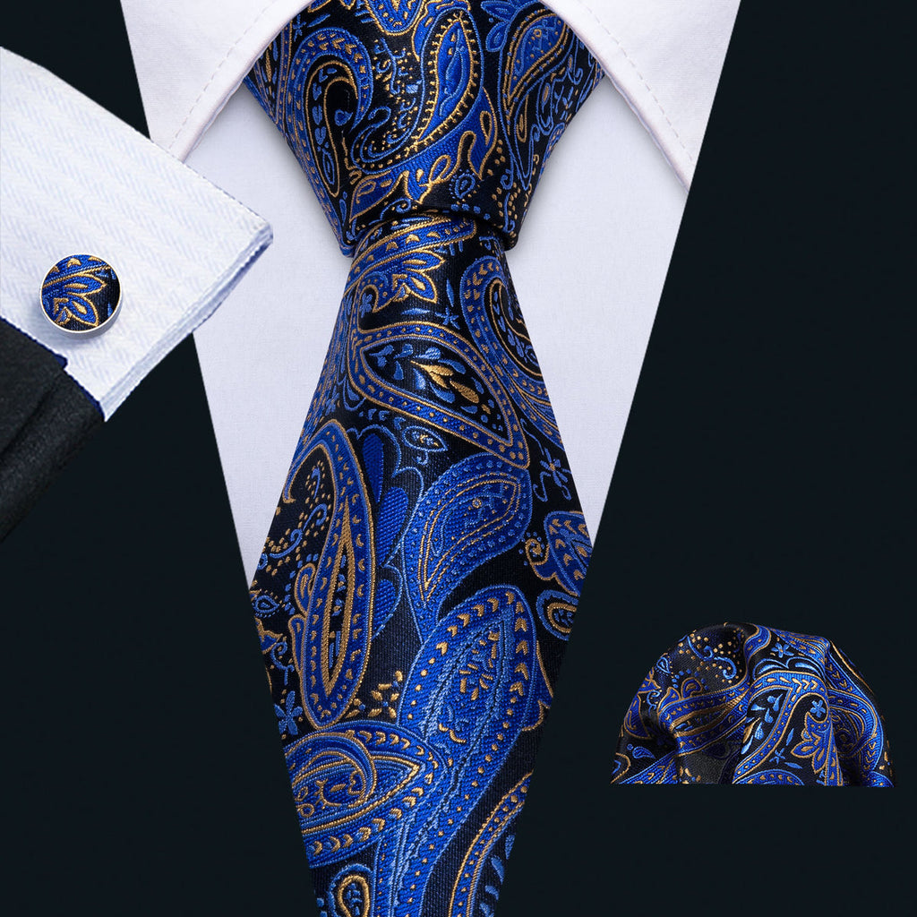 Blue Yellow Paisley Silk Tie Set - GentCrest